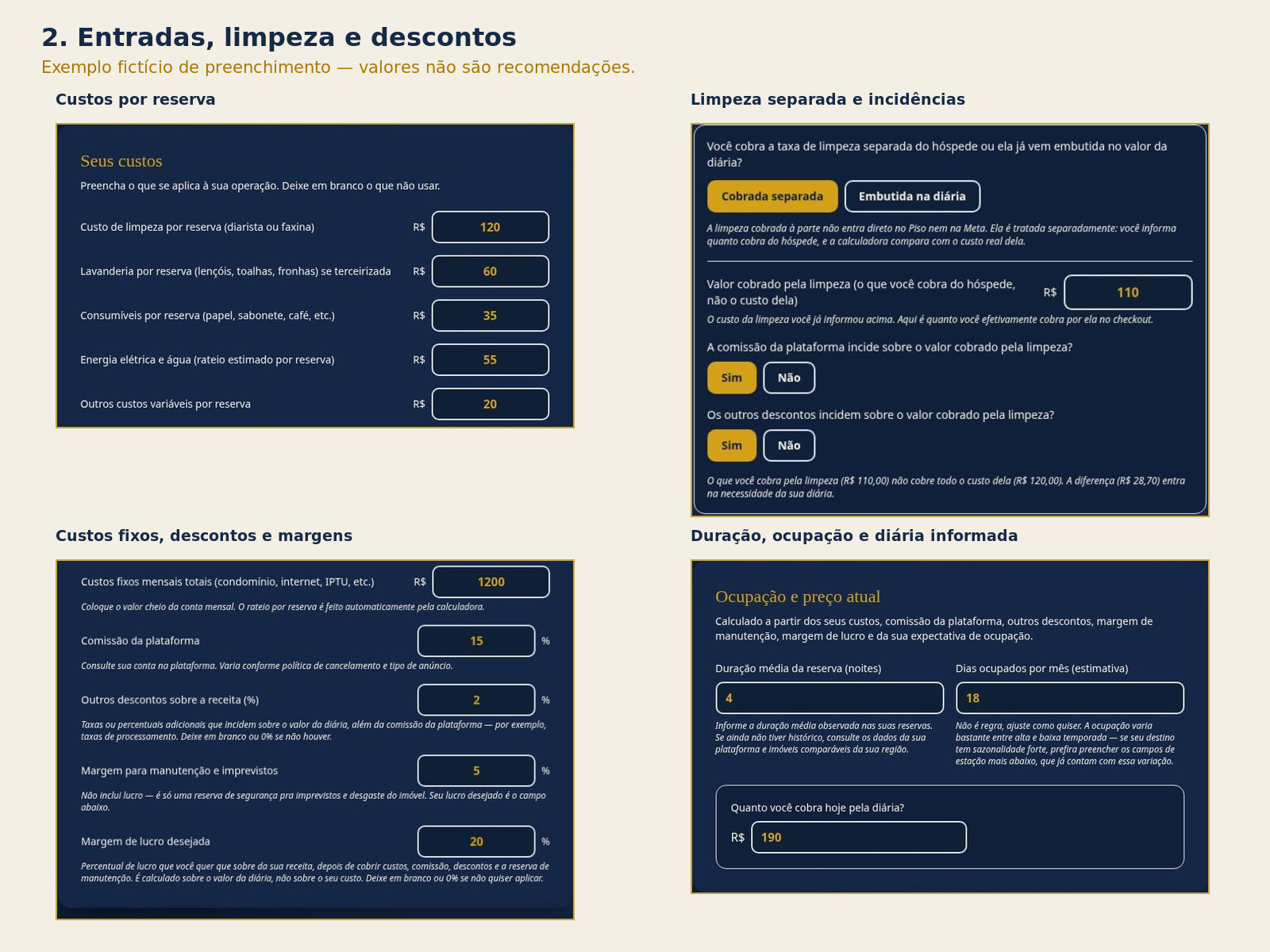 Entradas de custos, limpeza e descontos da Calculadora